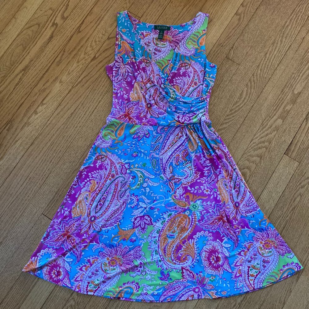 Ralph Lauren Sleeveless Midi Dress in Turquoise, Purple, Pink Paisley - Picture 2 of 4